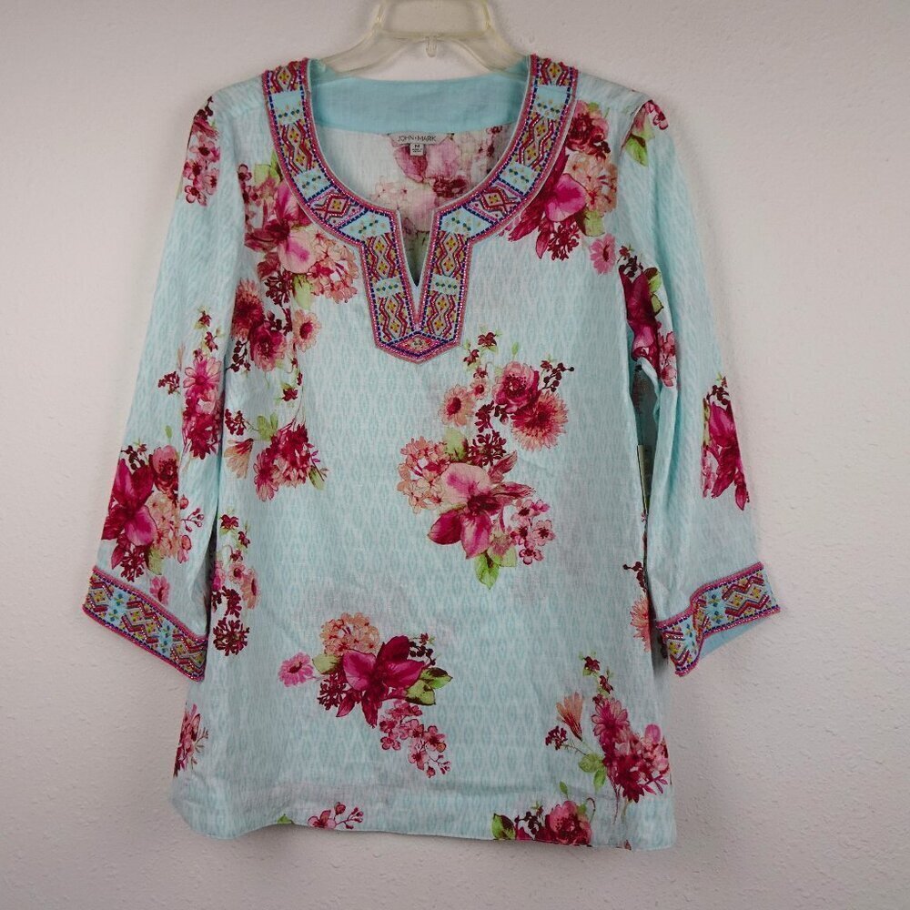 John Mark Embroidered & Beaded Tunic Top Women's Size M Blue Floral